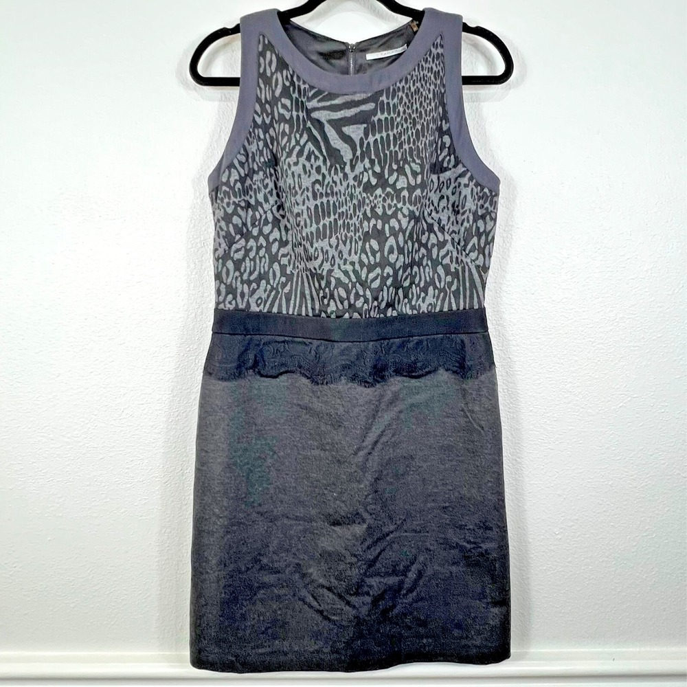 Tβ Tahari Anita Dress Animal Print Lace Trim Grey Office Professional Womens 10